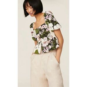 MAJE Loflower cropped organic cotton short sleeve button down peplum blouse top